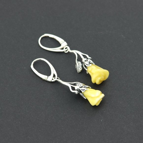 Sterling silver earrings with natural Baltic amber, amber rose drop earrings - Picture 4 of 14